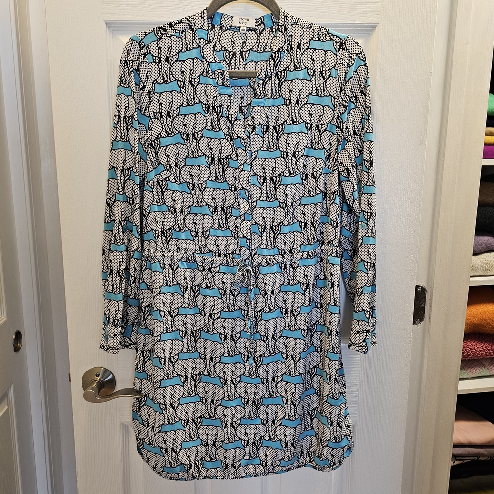 CROWN & IVY Blue and White Elephant-Print Dress
